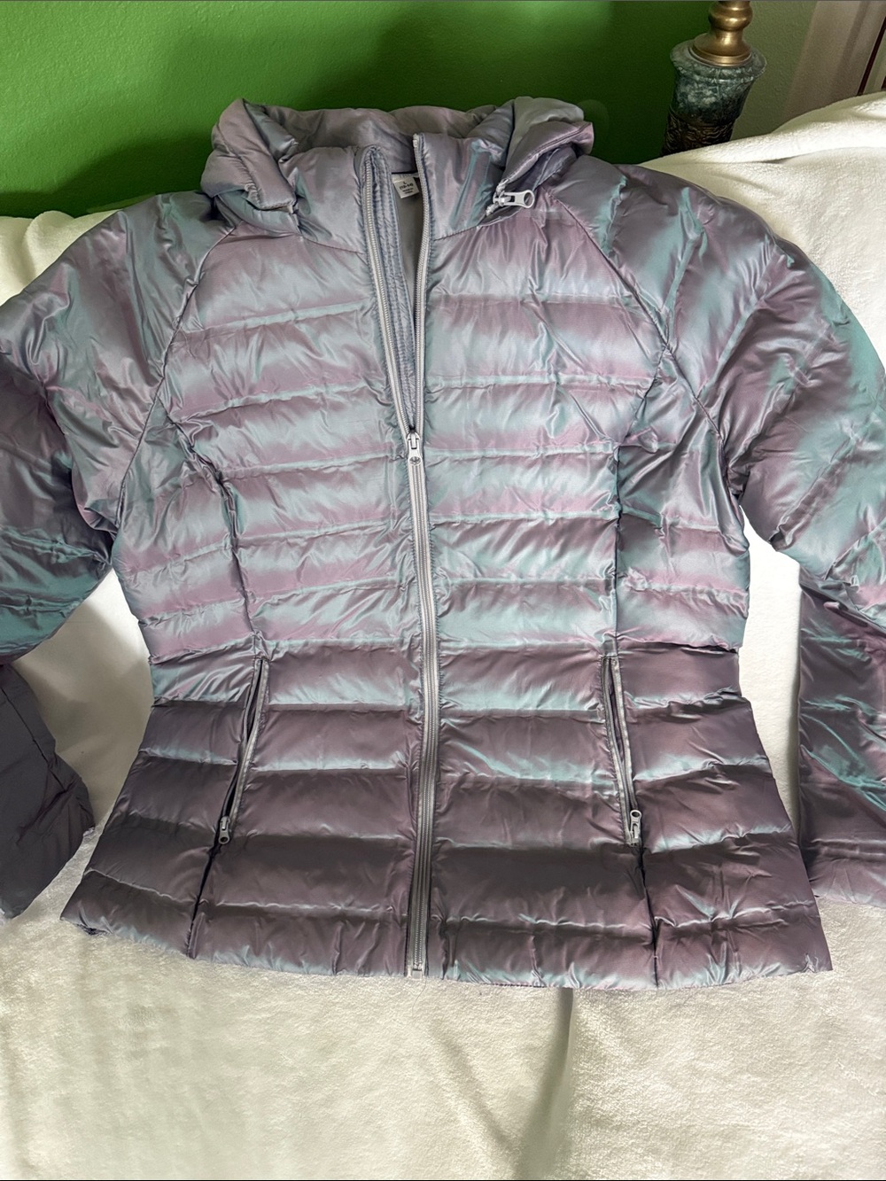 Time and Tru Iridescent Lavender Hooded Quilted Puffer